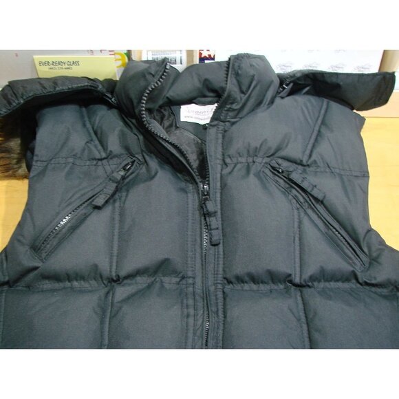 Snow Dolls Full Zip Hooded Puffy Puffer Vest Warm Black Logo Faux Fur Hood Sz L - Picture 5 of 14